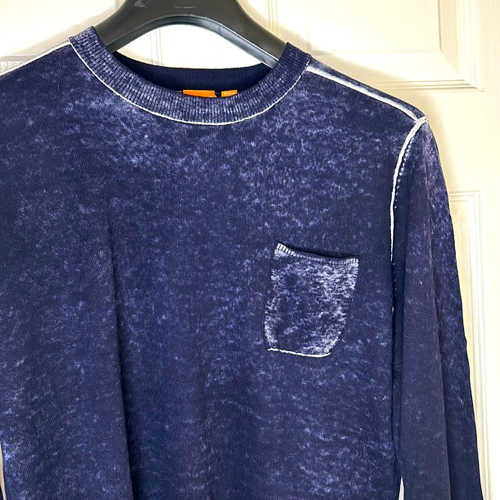 BOSS ORANGE - Long slv Crew pocket Sweater- Burnout - Navy/Cream - Large